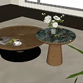 Modern Round Wooden Coffee Table With Flower Vase And Books On Carpet