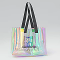 Iridescent Transparent Tote Bag With Black Straps And Label Featuring Text And Design