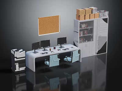 Modern Office Workspace With Desk Two Chairs Bookshelf Corkboard Books And Boxes 3d model