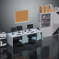 Modern Office Workspace With Desk Two Chairs Bookshelf Corkboard Books And Boxes