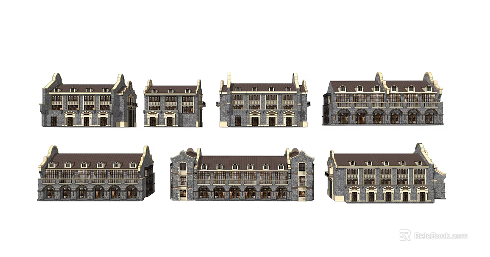 Traditional Commercial Street with Stone Buildings Classic Storefronts and Detailed Windows 3d model 