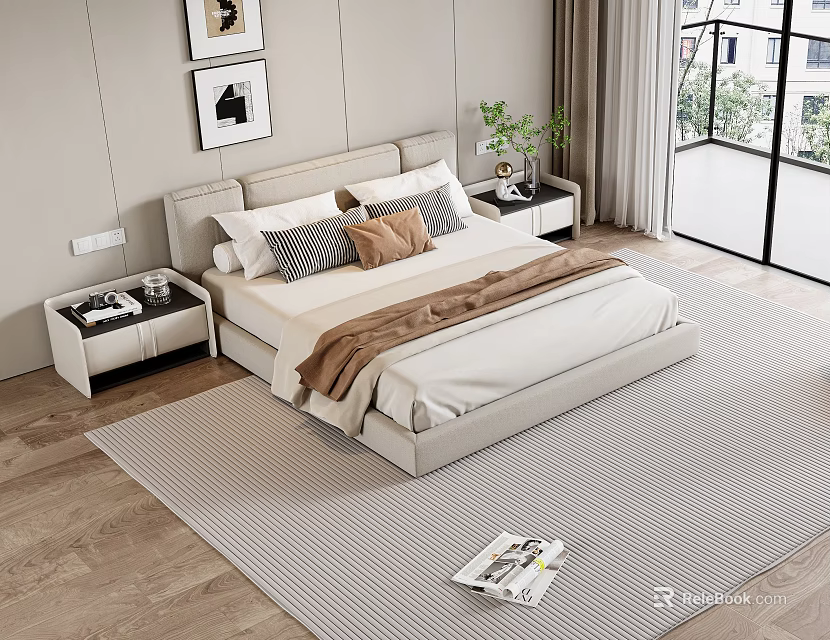 Elegant Double Bed With Beige Bedhead Bedding Pillows Nightstands Rug And Wall Art 3d model