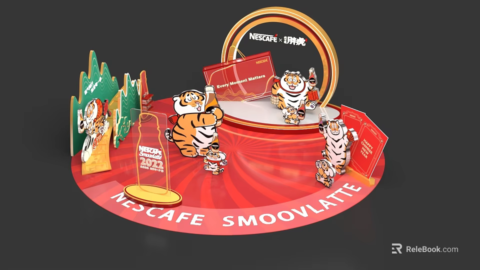 Nescafe Smoovlate Display Stand Setup With Tiger Figurines And Red Circular Base 3d model 