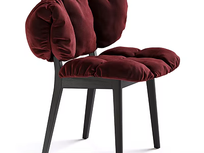 Burgundy Velvet Accent Chair With Puffy Cushions And Black Wooden Legs 3d model