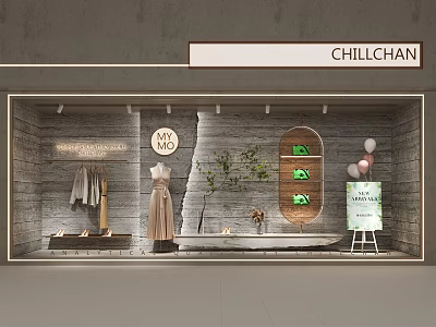 Chillchan Window Display With Mannequin In Dress Clothes Plant Shelf Green Items Balloons And Signboard 3d model