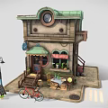 Cartoon Scene Quaint Building with Green Roof Clock Awning Street Lamp Bicycle Outdoor Table Chairs