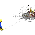 Man in blue outfit with yellow helmet kneeling near exploding device and flying debris