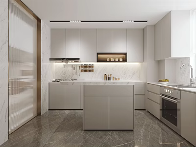 Modern Kitchen With White Cabinets Marble Island And Built In Appliances 3d model