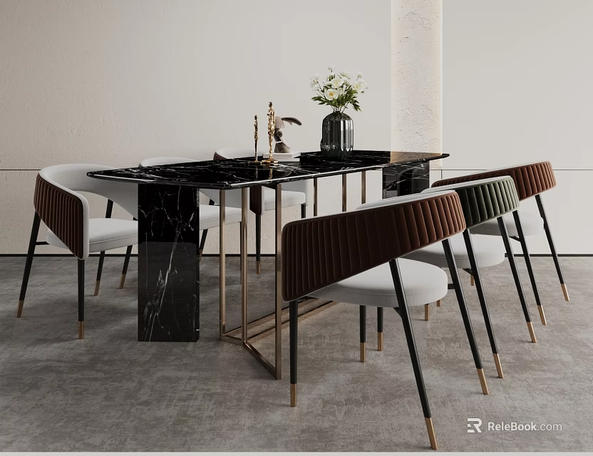 Modern Dining Table Set with Black Marble Tabletop Golden Legs White Brown Chairs and Vase 3d model 