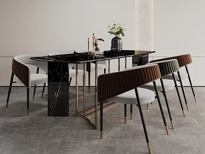 Modern Dining Table Set with Black Marble Tabletop Golden Legs White Brown Chairs and Vase 3d model
