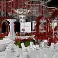 Elegant Banquet Hall Interior With Grand Crystal Chandelier Red Floral Decor And White Columns