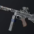 Submachine Gun With Tactical Scope Detachable Magazine Wooden Grip And Metal Body