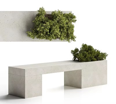 Modern Concrete Bench With Green Plants Against Light Colored Wall 3d model