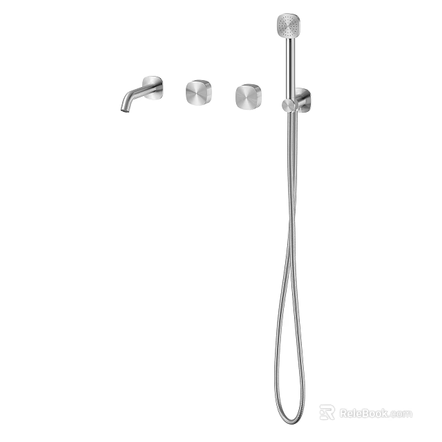 Chrome Shower Faucet System With Handheld Sprayer Control Knobs And Flexible Hose 3d model