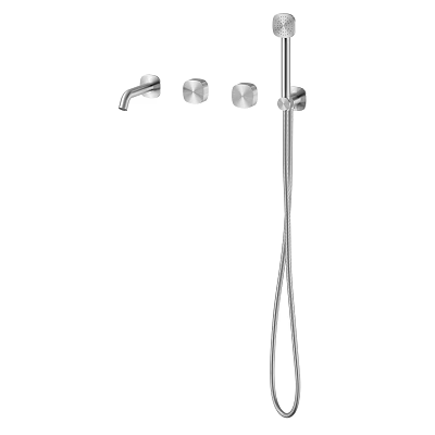 Chrome Shower Faucet System With Handheld Sprayer Control Knobs And Flexible Hose 3d model