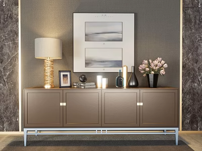 Modern Elegant Entryway Console Cabinet With Wall Art Table Lamp Photo Frame And Pink Flowers 3d model