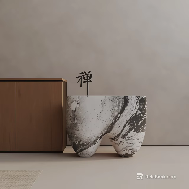 Zen Inspired Side Table With Marble Texture Next To Wooden Cabinet Interior 3d model 