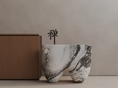 Zen Inspired Side Table With Marble Texture Next To Wooden Cabinet Interior 3d model