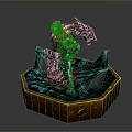 Armored Fantasy Character Statue Featuring Pink Hair Hexagonal Gold Base Green Interior Rock Details
