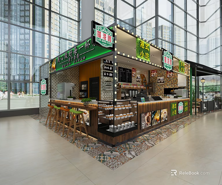 Modern Milk Tea Shop Interior With Open Counter Display Cases And Wooden Seats 3d model 