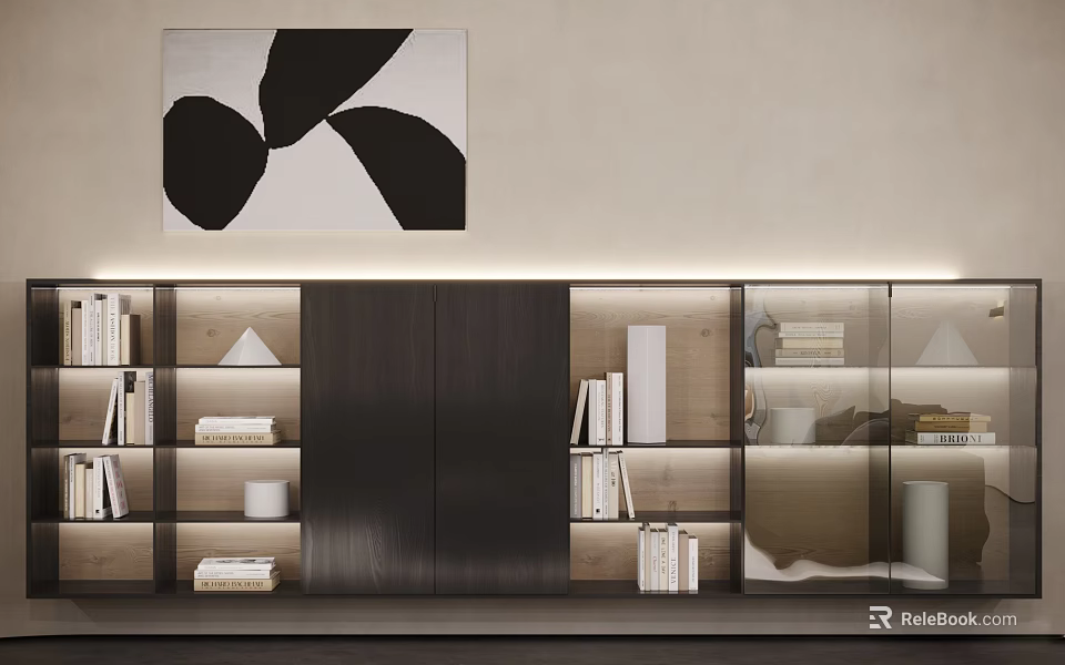 Modern Bookshelf Interior Design With Glass Doors Wooden Shelves And Books 3d model 
