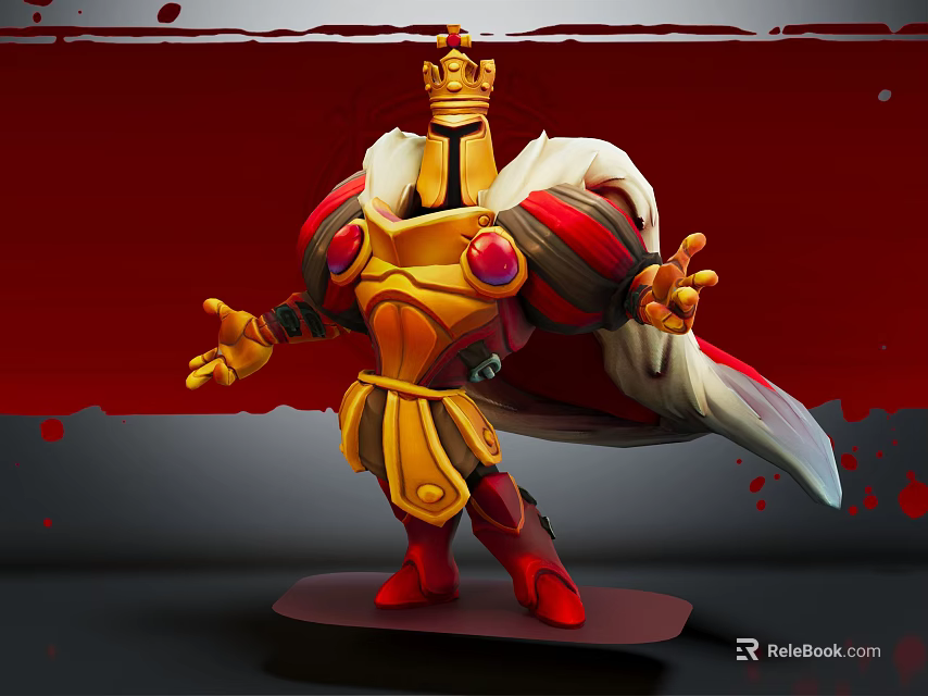 Royal Warrior In Golden Armor With Crown Red Accents White Cape And Black Base 3d model 
