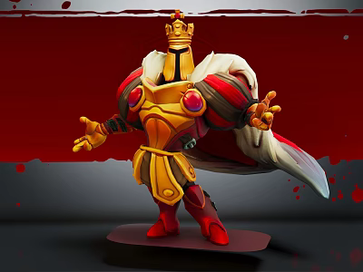 Royal Warrior In Golden Armor With Crown Red Accents White Cape And Black Base 3d model