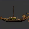 Ancient Wooden Water Vessel with Multiple Sails Oars and Decorative Hull Design