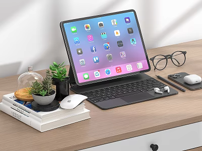 Tablet With Keyboard Mouse And Earbuds On Wooden Desk With Books Plant And Eyeglasses 3d model