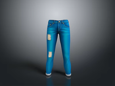 Women's Blue Distressed Jeans with Rolled Cuffs and Ripped Details Fashionable Casual Wear 3d model