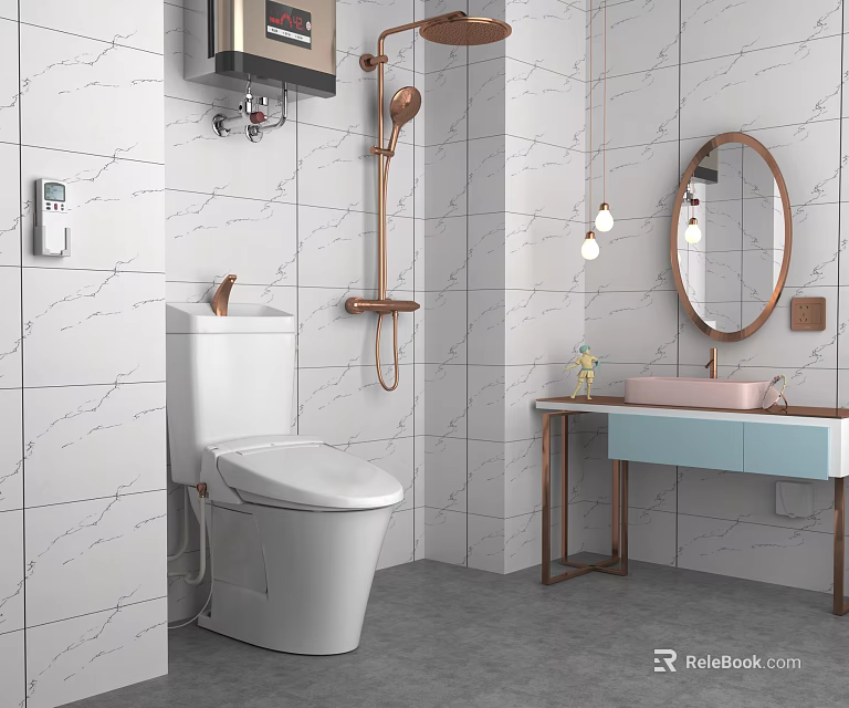 Modern Bathroom Vanity with Light Blue Basin Copper Fixtures Round Mirror and White Marble Tiles 3d model 