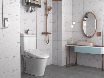 Modern Bathroom Vanity with Light Blue Basin Copper Fixtures Round Mirror and White Marble Tiles 3d model