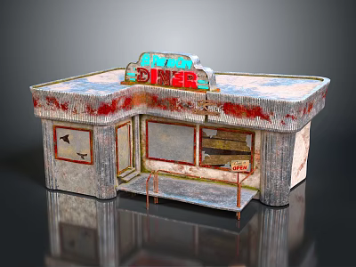 Abandoned Coffee Shop Interior With Weathered Walls Broken Windows Neon Coffee Sign And Open Sign 3d model