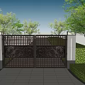 Modern Building Facade Featuring Black Grid Gate Gray Wall Green Shrubs Trees And Sleek Tiles