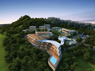 Aerial Planning of Modern Curved Buildings Surrounded by Lush Greenery and Pool 3d model