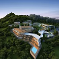 Aerial Planning of Modern Curved Buildings Surrounded by Lush Greenery and Pool