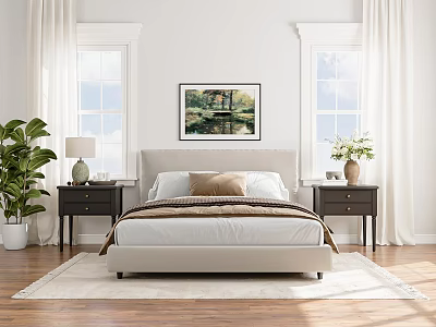 Bright Bedroom Interior With White Curtains Framed Painting Nightstands And Potted Plant 3d model