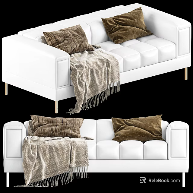 Elegant White Two Seater Sofa With Brown Cushions And Throw Blanket 3d model 