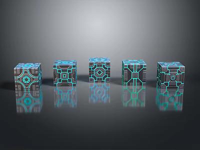 Geometric Mechanical Patterned Cubes With Blue Green Glowing Lights And Reflective Surfaces 3d model