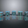 Geometric Mechanical Patterned Cubes With Blue Green Glowing Lights And Reflective Surfaces