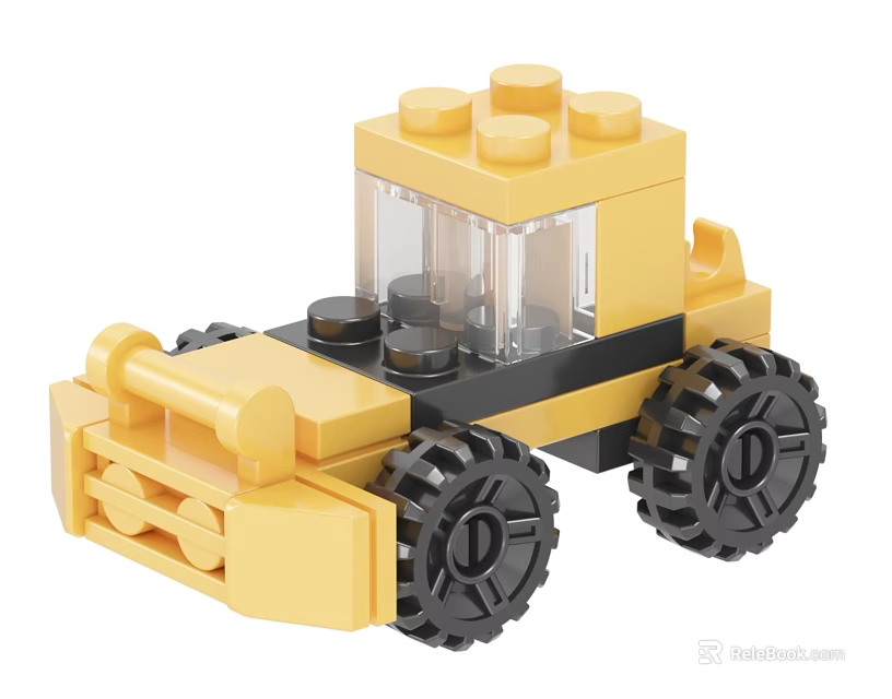 Yellow Building Blocks Bulldozer Toy with Transparent Cockpit and Black Wheels 3d model 
