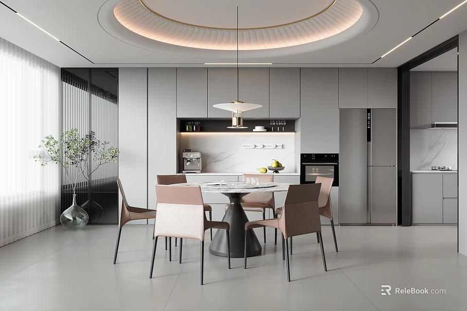 Modern Restaurant Open Kitchen Dining Area With Dining Table Chairs And Pendant Light 3d model