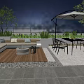 Outdoor Sofa In Modern Patio With Dining Table Umbrella And Green Plants