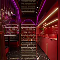 Vibrant Red Restaurant Interior With Neon Lights Staircase Display Shelves Holding Wine Bottles And Figurines