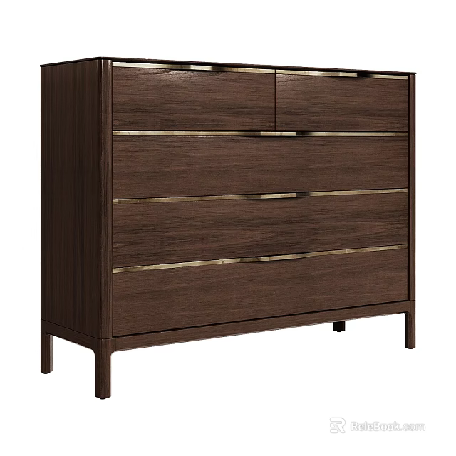 Modern Walnut Console Side Cabinet with Multiple Drawers and Metal Handles 3d model 