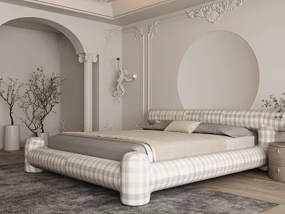 Elegant Bedroom Interior With Plaid Bed Decorative Wall Moldings Circular Design And Potted Plants 3d model