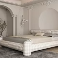 Elegant Bedroom Interior With Plaid Bed Decorative Wall Moldings Circular Design And Potted Plants