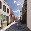 Modern Commercial Pedestrian Street With Traditional Architecture Outdoor Seating Greenery And Stone Paved Walkway