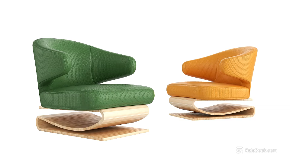 Modern Two Tone Accent Chair With Green Orange Leather Upholstery And Wooden Base Design 3d model 