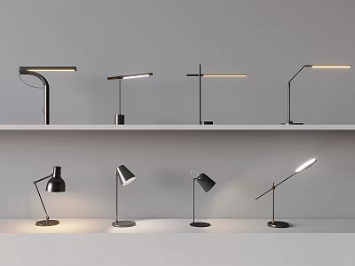 Various Modern Table Lamps With Unique Designs Placed On White Shelves 3d model